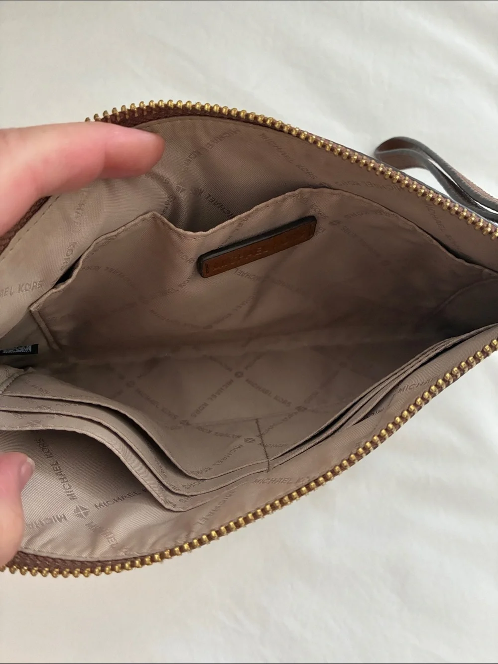 Michael Kors Brown Leather Wristlet Pouch with Gold Logo